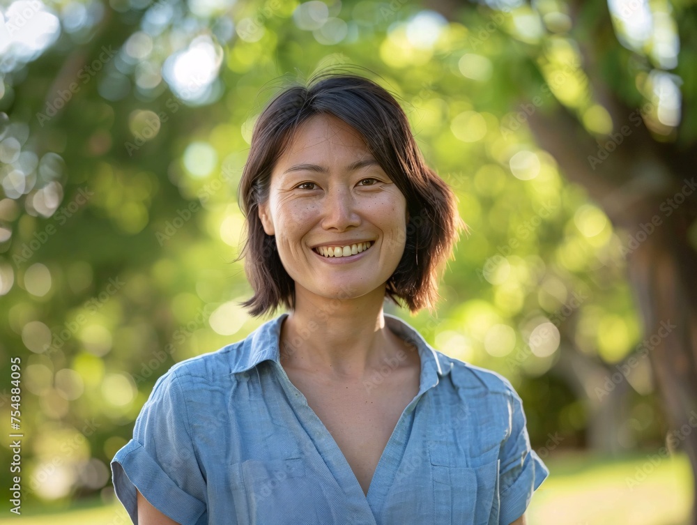 Smiling Asian Woman in Blue Shirt and Necklace, Posing for a Picture in a Sunny Outdoor Setting Generative AI Smiling Asian Woman in Blue Shirt and Necklace, Posing for a Picture in a Sunny Outdoor Setting Generative AI