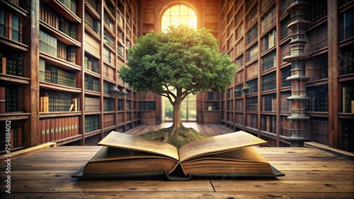 Tree growing from an open book in the library.