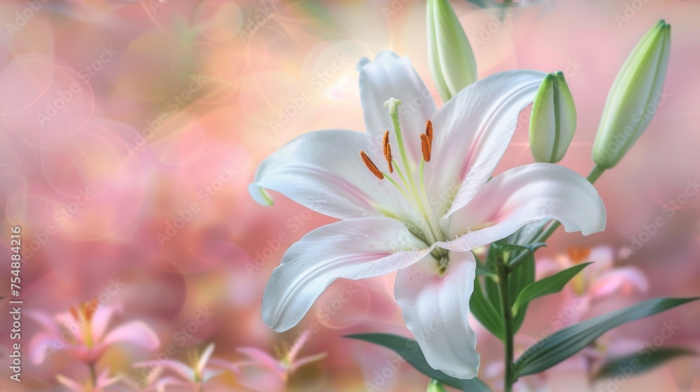 Fototapeta premium Beautiful blooming lily flower minimalist fantasy background template fresh light pink yellow white color lily flower poster nature background, Aesthetics floral inspirational tenderness illustration