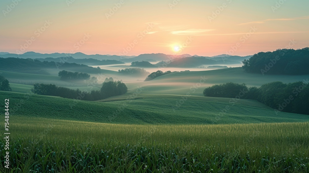 Obraz premium Sunrise Hues Over Misty Agricultural Fields