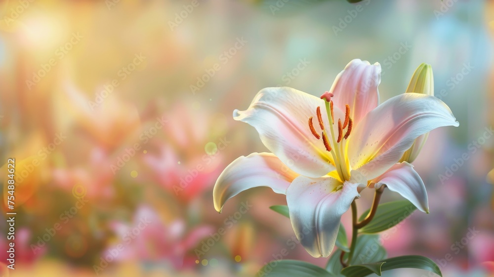 Beautiful blooming lily flower minimalist fantasy background template fresh light pink yellow white color lily flower poster nature background, Aesthetics floral inspirational tenderness illustration Beautiful blooming lily flower minimalist fantasy background template fresh light pink yellow white color lily flower poster nature background, Aesthetics floral inspirational tenderness illustration