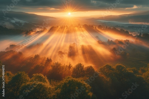 Radiant Dawn Over Fog-Enshrouded Landscape