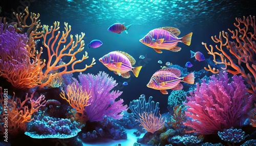 Underwater world with glowing coral reefs and exotic fish in neon colors