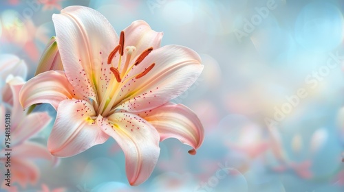 Beautiful blooming lily flower minimalist fantasy background template fresh light pink yellow white color lily flower poster nature background  Aesthetics floral inspirational tenderness illustration