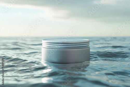 A white container  resembling an aluminum balm jar  is seen floating on the surface of a body of water.