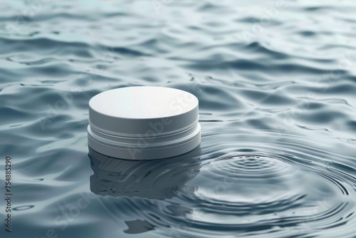 A white aluminum balm jar designed for cosmetic products floats on the surface of a body of water.