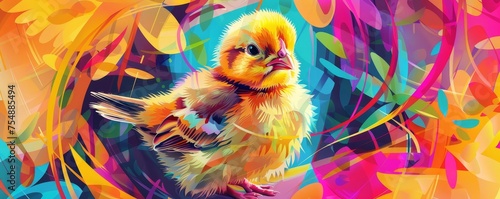 Spring's Festive Spirit: A Cute Chick Amidst a Whirl of Colorful Abstract Patterns for Easter © aicandy