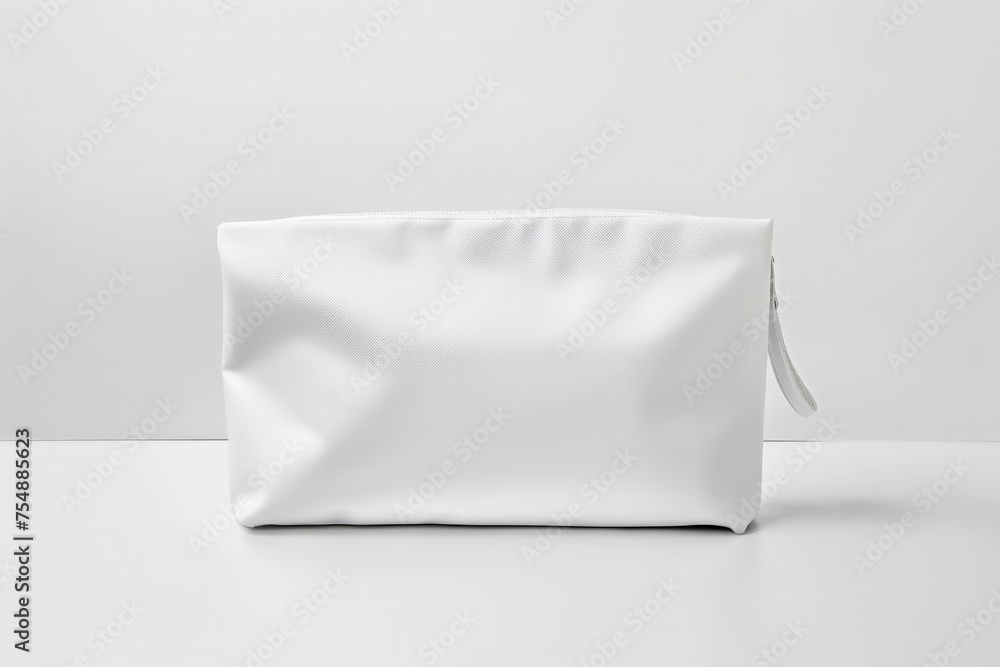 A blank white cosmetic bag is sitting on a white surface. - obrazy, fototapety, plakaty 