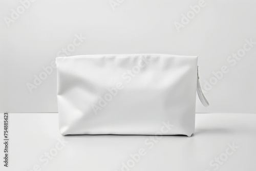 A blank white cosmetic bag is sitting on a white surface. photo