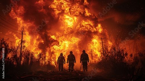 Silhouetted firefighters tackle a ferocious wildfire at dusk. Bravery Amidst Flames.