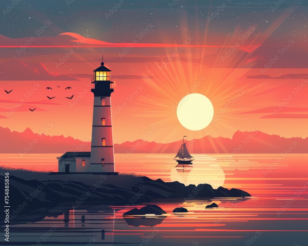 Lighthouse in ocean sunset hues