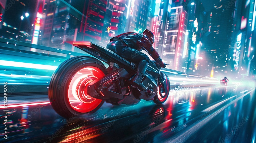 High-speed hoverbike races in neon-lit mega city