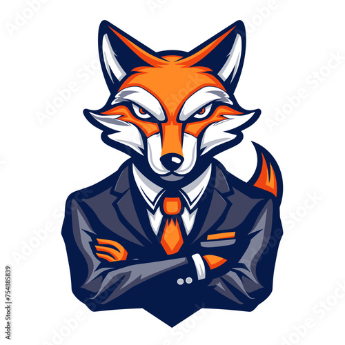 Male businessman fox in suit vector esports logo on white background, fox logo, fox icon, fox sticker, fox symbol, fox emblem