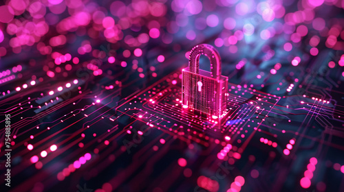 Pink Holographic Padlock on Cybersecurity Circuit