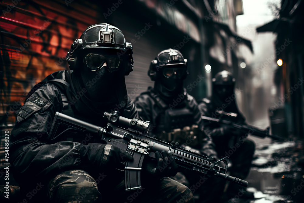 Elite Mercenaries Engage in Armed Assault Mission in Urban Alleyway, Scene of Military Precision with Soldiers Equipped with Machine Guns, created with Generative AI technology