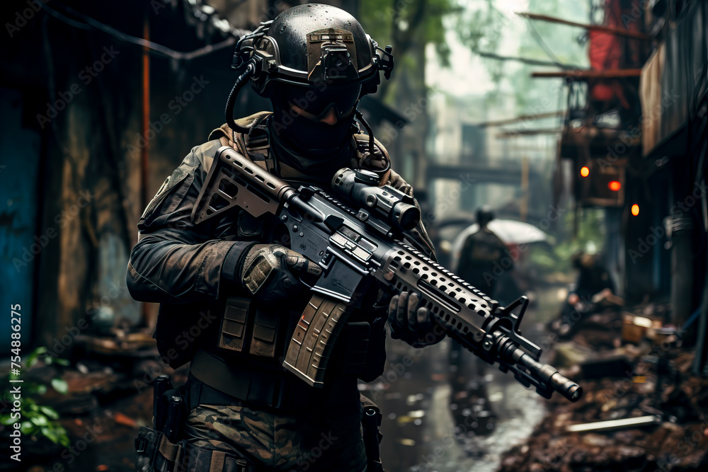 Urban Warfare: Mercenaries in Action - Intense Military Scene in Dark Alley with Armed Soldiers Ready for Assault created with Generative AI technology Urban Warfare: Mercenaries in Action - Intense Military Scene in Dark Alley with Armed Soldiers Ready for Assault created with Generative AI technology