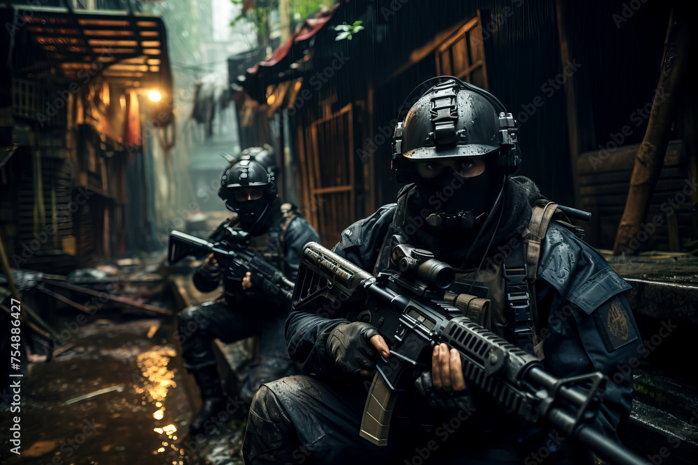 Urban Warfare: Mercenaries in Action, Armed Assault Squad in Dark Alley created with Generative AI technology. Urban Warfare: Mercenaries in Action, Armed Assault Squad in Dark Alley created with Generative AI technology.