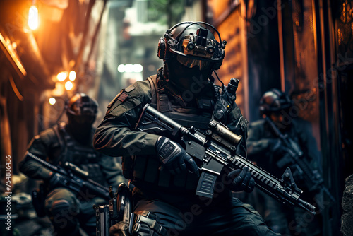 Deadly Ambush: Mercenaries in Action. Intense military scene with heavily armed soldiers in a dark alley. Created with Generative AI technology.