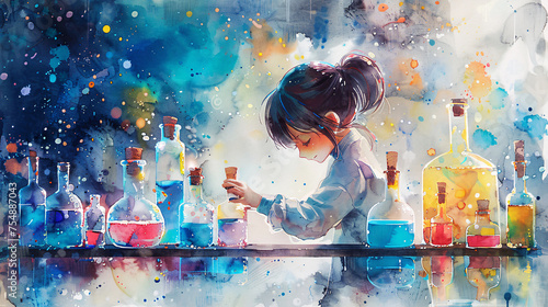 Young Girl Experiments with Colorful Chemistry Set