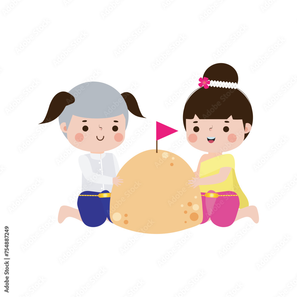 Songkran festival cute kids thai Traditional and sand pagoda Thailand Traditional New Year Day Vector Illustration template Thailand travel concept on white background Songkran festival cute kids thai Traditional and sand pagoda Thailand Traditional New Year Day Vector Illustration template Thailand travel concept on white background