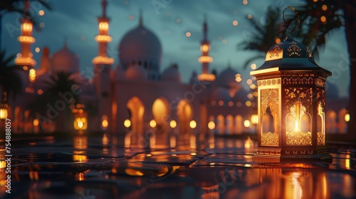 Eid mubarak and ramadan kareem greetings with islamic lantern and mosque Eid al fitr background  photo