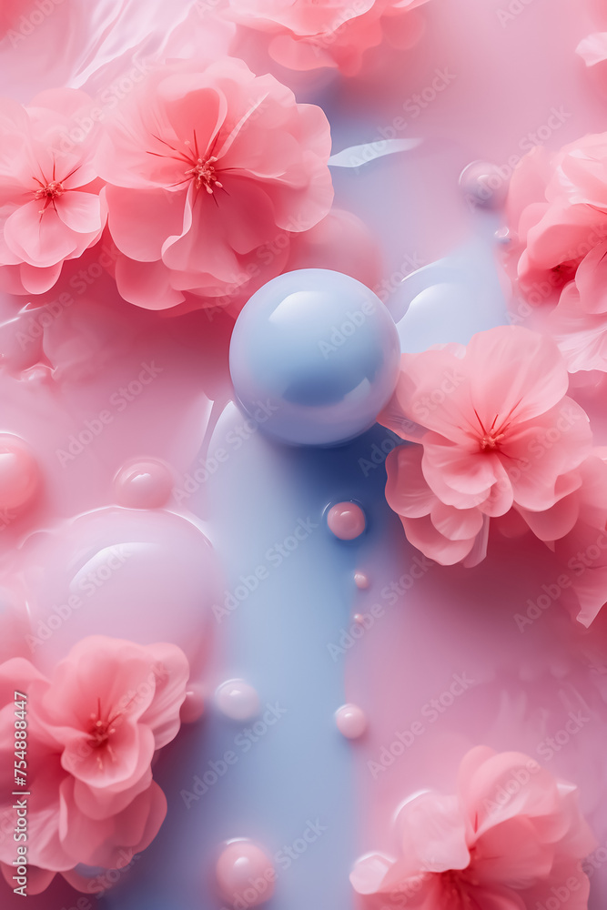 pink and blue pastel liquid surface with flower and bubble, abstract sweet background