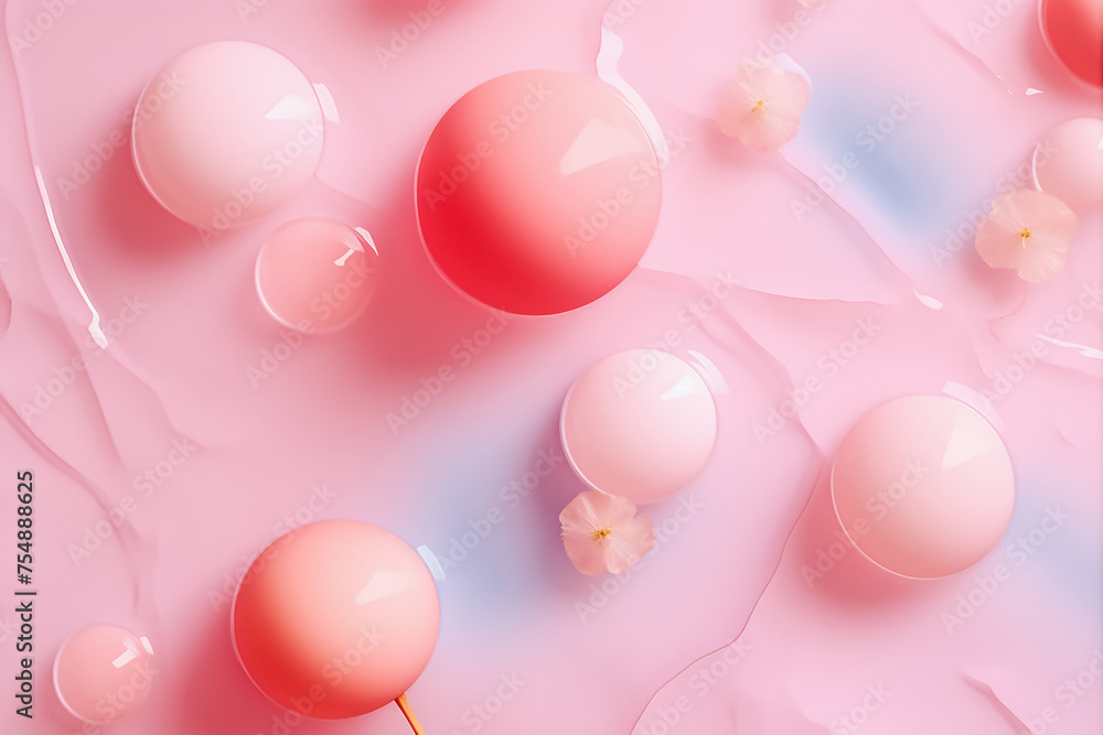 pink pastel liquid surface with pink balls, abstract sweet background