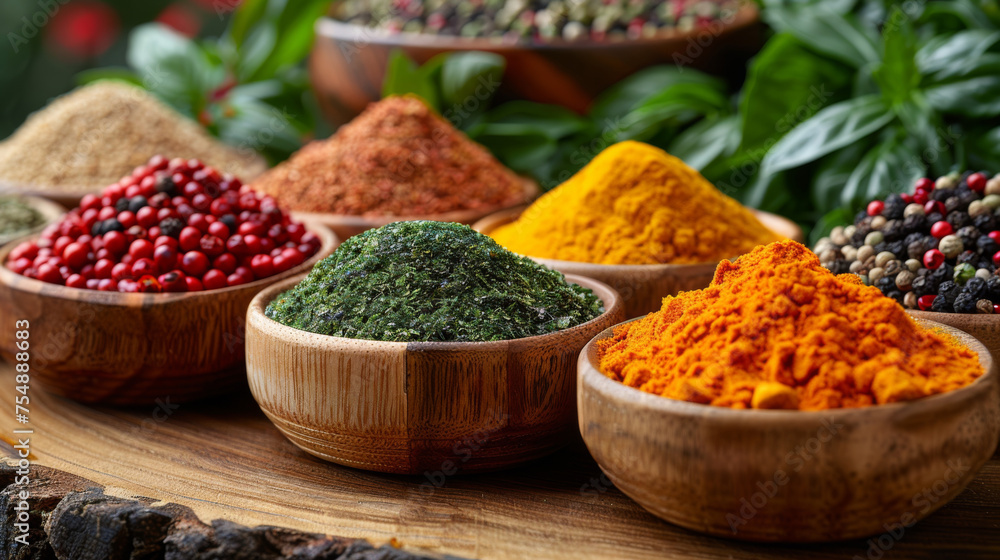 Colorful international spices on in bowls on wooden surface. Herbs and spices, cooking. Rustic. Top view. Colorful international spices on in bowls on wooden surface. Herbs and spices, cooking. Rustic. Top view.