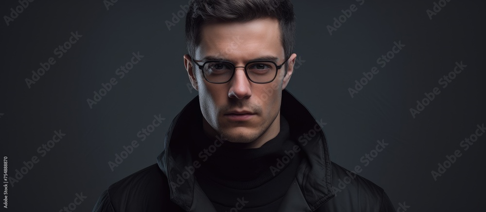 A man with glasses and a black coat gazes at the camera, showcasing his stylish eyewear. His facial hair and jawline add to his sophisticated look A man with glasses and a black coat gazes at the camera, showcasing his stylish eyewear. His facial hair and jawline add to his sophisticated look