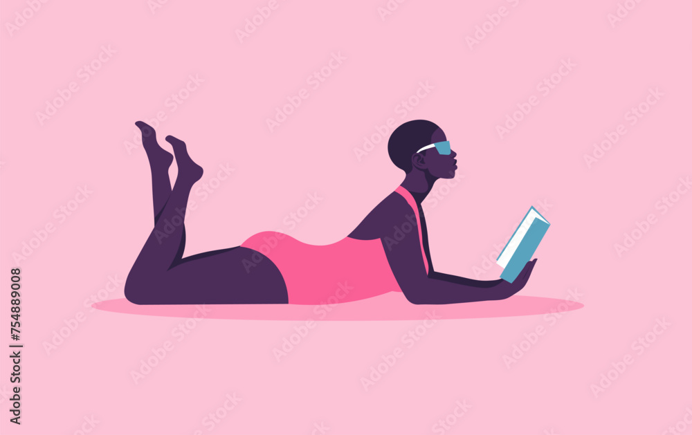 An African woman in a swimsuit is lying and reading a book. Education and recreation. Female student on vacation. Vector flat illustration An African woman in a swimsuit is lying and reading a book. Education and recreation. Female student on vacation. Vector flat illustration