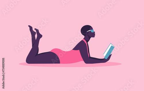 An African woman in a swimsuit is lying and reading a book. Education and recreation. Female student on vacation. Vector flat illustration
