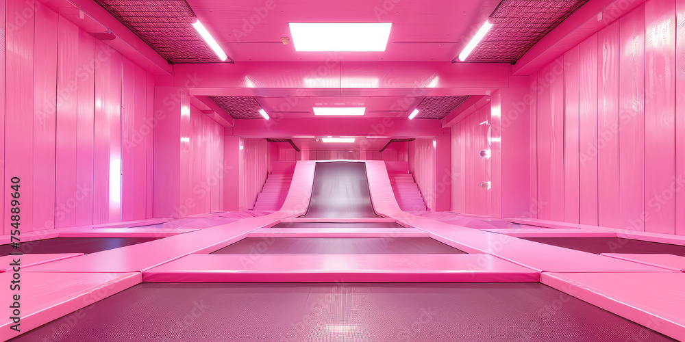 Pink Indoor Trampoline Park in Modern Facility. Empty trampoline park interior, vibrant color blocks. Trampoline center for adults and children. - obrazy, fototapety, plakaty 