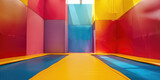 Indoor Trampoline Park in Modern Facility. Empty trampoline park interior, vibrant color blocks. Trampoline center for adults and children.