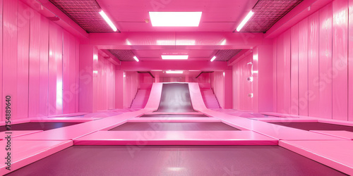 Pink Indoor Trampoline Park in Modern Facility. Empty trampoline park interior, vibrant color blocks. Trampoline center for adults and children. photo