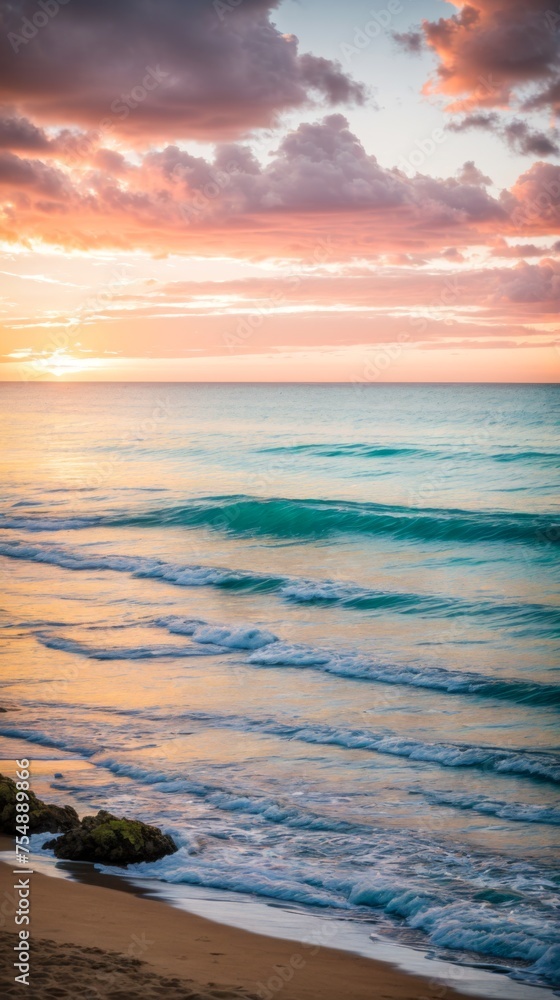 Calm beach beneath a stunning pink and blue sky during sunset 