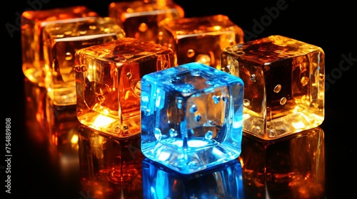 Close-up of glowing ice cubes for cocktails with vibrant colors and refreshing details