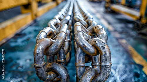 Close-up of a heavy, rusty chain on a metallic surface 
