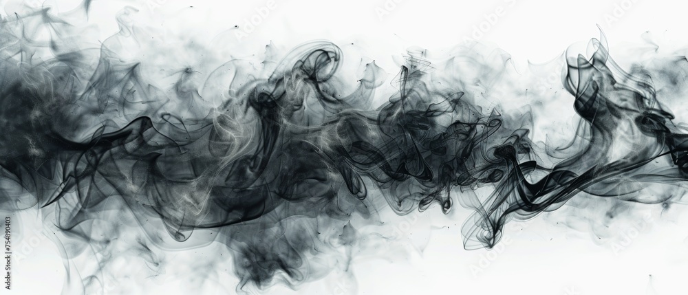 Black powder explosion. Closeup of black dust particles explode isolated on white background.