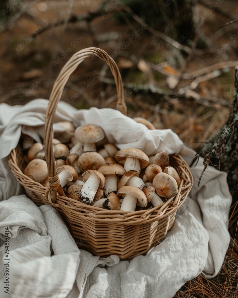 Basket of Mushrooms in Forest Setting
