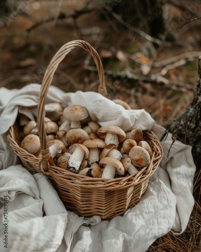 Basket of Mushrooms in Forest Setting