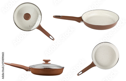 Collection fryings pan, skillets, isolated on white background. File contains clipping path. Full depth of field.