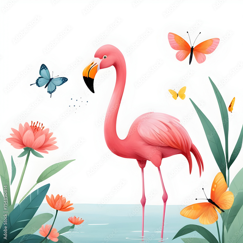 Obraz premium Amazing Flamingo watching a Butterfly for kids story books