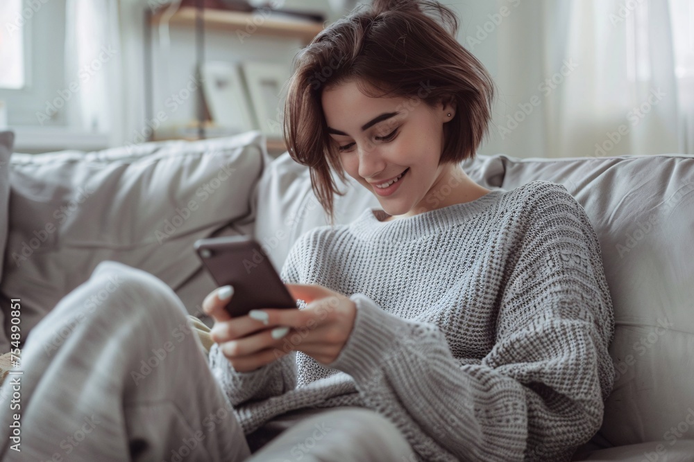 Girl Smiling at Phone in Gray Sweater Generative AI Girl Smiling at Phone in Gray Sweater Generative AI