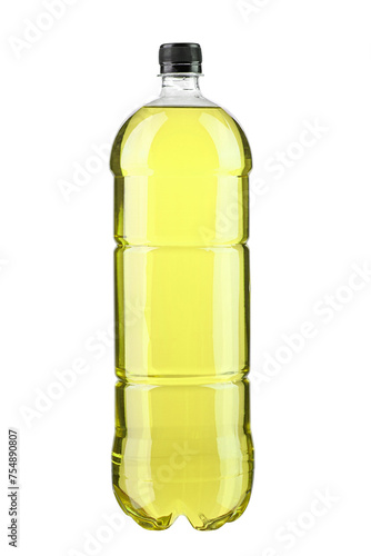 Energy drinks with different flavors isolated on white background. Plastic bottle with yellow liquid.