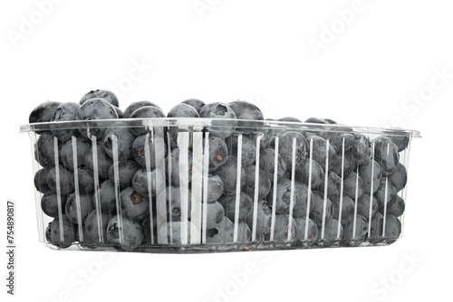 Fresh blueberries in a plastic container, isolated on a white background.