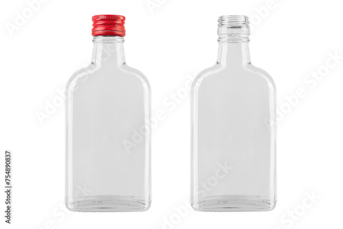Empty glass bottle with a red cap from a medicine or an alcoholic drink of vodka, whiskey isolated on a white background. File contains clipping path.