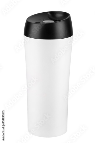 Thermo mug made of stainless steel, white, isolate on white. Bottle stainless- thermos.