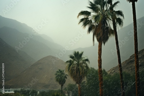 Lush Tropical palm on mountain in rainy weather. Exotic natural tree on dark rain clouds view. Generate ai