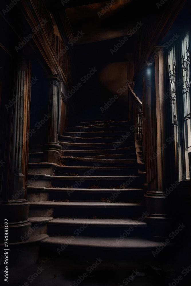 interior of an old mansion with a staircase interior of an old mansion with a staircase
