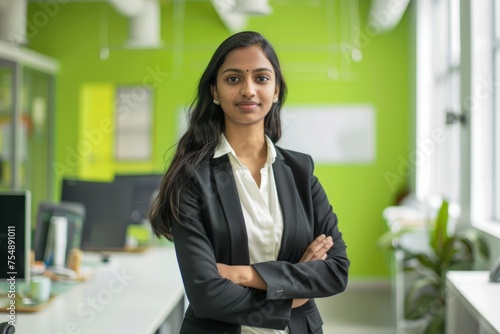An Indian business woman stands confidently in an office with her arms crossed.